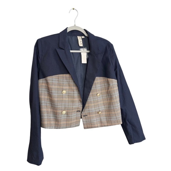 Anthropology Dolan Navy and Brown Plaid Double Breasted Blazer. - Picture 6 of 10